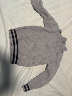 Tommy Hilfiger Gray Half-Zip Sweater with Navy and Red Trim